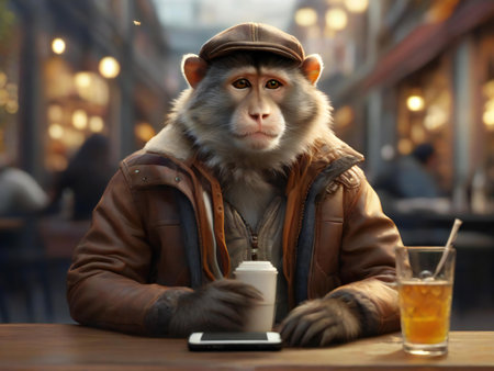 Portrait of a monkey with a cup of coffee in a cafeの素材