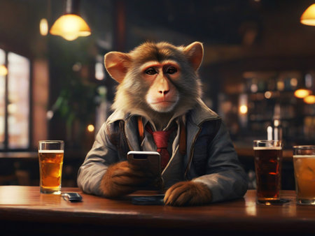 Monkey sitting in a pub with glasses of beer and mobile phoneの素材