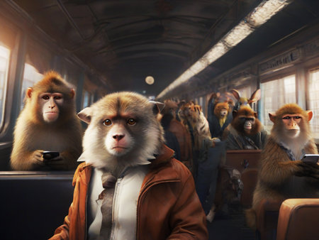Portrait of a monkey in a train. This is a 3d render illustrationの素材
