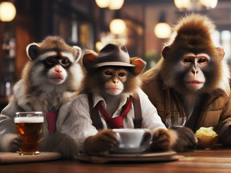 Group of monkeys sitting at the table in a pub and drinking beerの素材