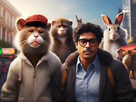 Portrait of a man with monkey and rabbit in the city.の素材