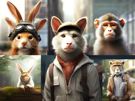 Animals in the aviator's hat. Collage of picturesの素材