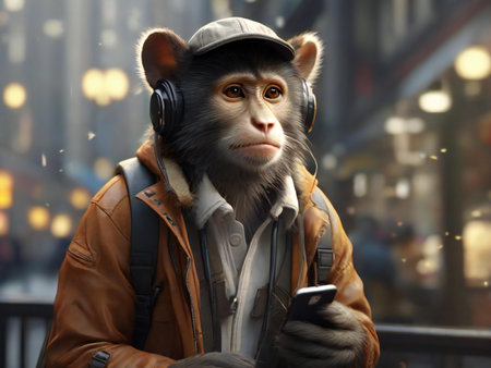 Monkey listening to music in the city. Portrait of a monkey with headphones.の素材