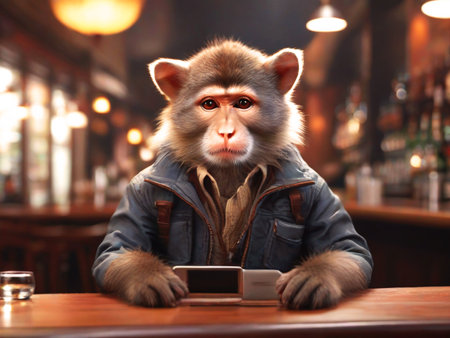 Monkey sitting at the table in a pub, with mobile phoneの素材