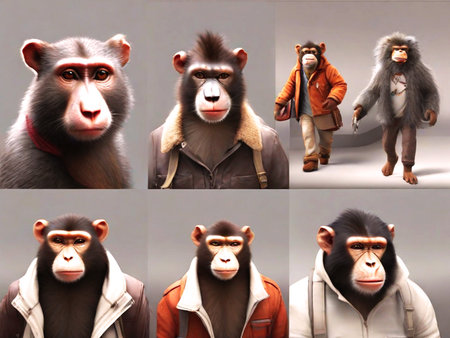 Monkey in front of a grey background with different facial expressions.の素材