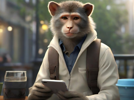 Portrait of a cute monkey sitting in a cafe and using a smartphoneの素材