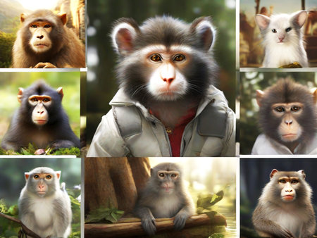 Collage of monkey in different poses and attitudes. Animal theme.の素材