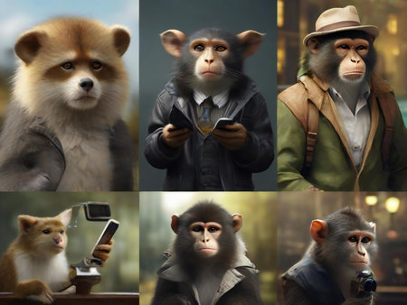 Collage of monkeys and a man with a phone in his handの素材