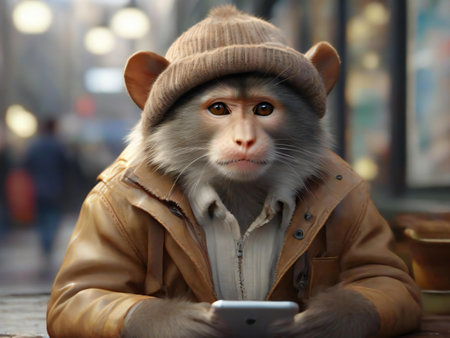 Portrait of a monkey in a hat with a mobile phone.の素材