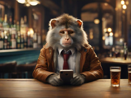 Funny monkey in a jacket and tie sits at a table in a pub and drinks beer.の素材