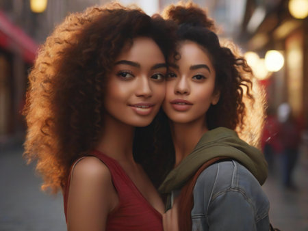 Two beautiful mixed race girls with curly hair posing in the city.の素材