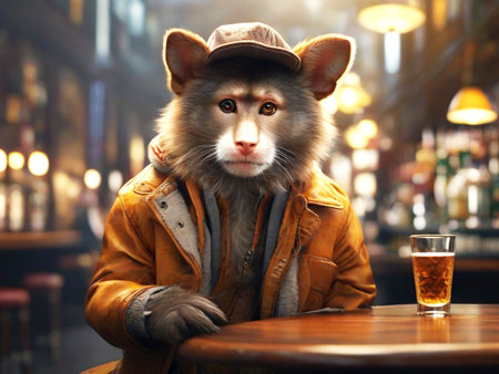 Alaskan Malamute dog drinking beer in a pub.の素材