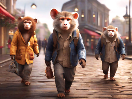 Funny monkeys walking on the street in the evening in the cityの素材