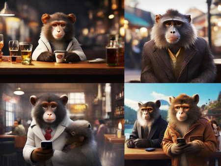 Collage of monkeys sitting in a bar, drinking beer and talking on the phoneの素材