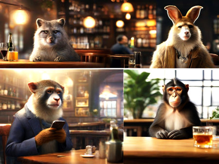Collage of monkeys sitting at bar counter and looking at mobile phoneの素材