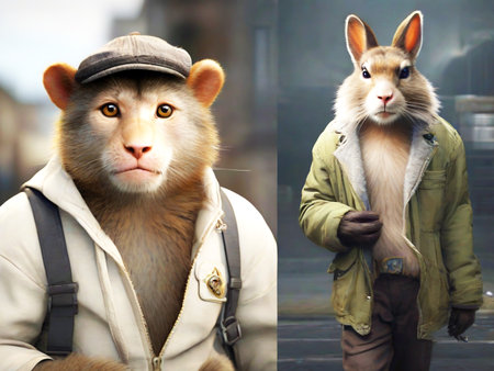 Cute monkey and rabbit in Paris, France. Collage.の素材