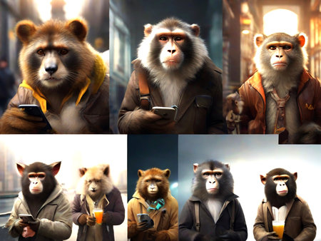 Collage of monkeys in the city. Collage of monkeys.の素材