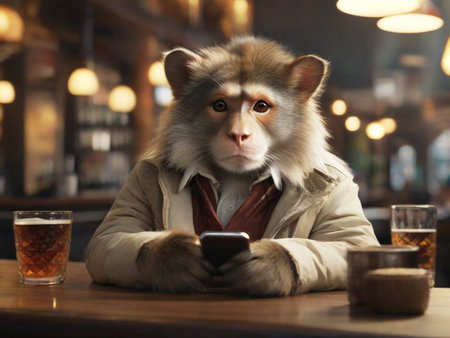 Alaskan Malamute dog in a pub with a smartphoneの素材