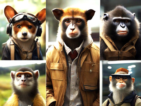 Collage of portraits of monkeys in aviator hat and leather jacketの素材