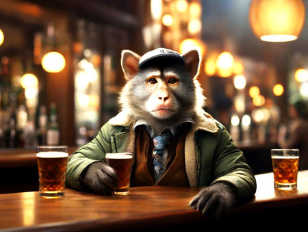 Portrait of a monkey in a pub with glasses of beer.の素材