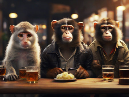 Group of monkeys sitting at a table in a bar and drinking beerの素材
