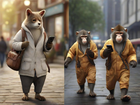 Collage of dogs in protective suits on city street. Virus protectionの素材