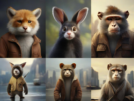 Collage of cute animals in warm clothes on blurred background. Collageの素材