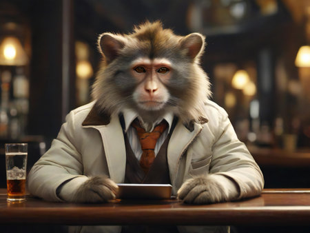 Portrait of a monkey sitting in a pub and using a tabletの素材