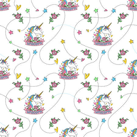 Seamless pattern with unicorns, flowers, hearts and stars. Cartoon character. Doodle vector illustration. Works well as a design for kid accessories, poster, greeting card, label or apparel printのイラスト素材