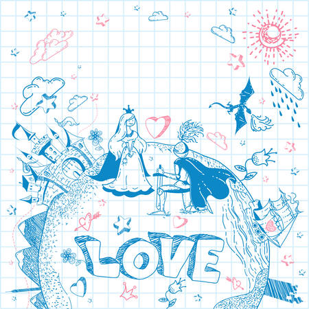 Cute and lovely hand-drawn doodle ink cartoon Earth globe with castle, ship, mountains, sea, flowers, dragon. Princess and knight on the background of the notebook sheet in vector. Cartoon fairy tale landscapeのイラスト素材