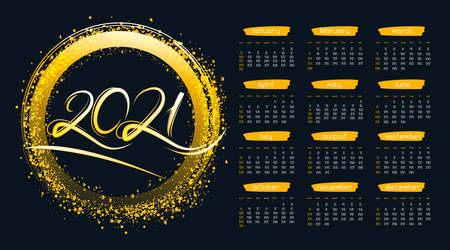 2021 year horizontal calendar with neon circle frame with golden glow on black background. Vector glitter design background for business organizer, poster.のイラスト素材