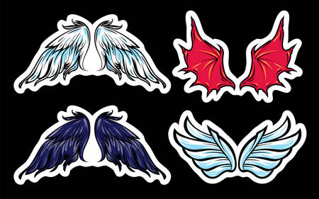 Set of angel and demon vector wings. Colorful cartoon comic style. Good and bad concept illustration. Label, sticker, tag, tattoo design. Black, white, red and blue colorsのイラスト素材