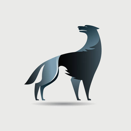 Stylized black wolf icon. Hunting coyote or dog image. Vector wild animal  illustration. Works well as a tattoo, emblem, print or mascot.のイラスト素材