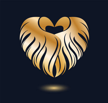 Valentine's Day greeting card with heart and wings. Golden bird feather icon. Decorative design element isolated on black background. Vector luxury illustration.のイラスト素材