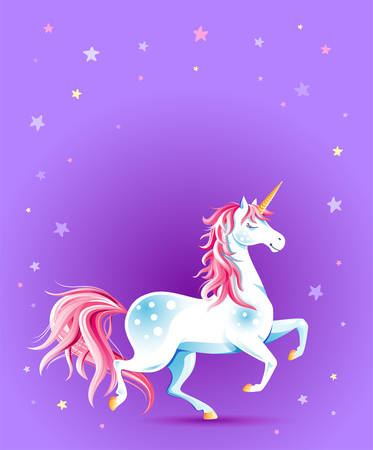 Cute poster with Unicorn on violet background with copy space. Cartoon character. Vector illustration. Design element for childish accessories. Greeting card or apparel print, decorative emblem, label, book cover, icon, mascot.のイラスト素材
