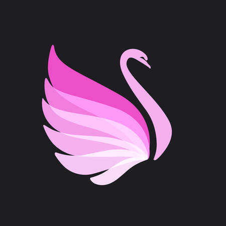 Stylized Pink Swan silhouette on black background. Bird image. Vector illustration. Works well as emblem, print, computer icon, insignia, mascot, element for greeting or business cardのイラスト素材