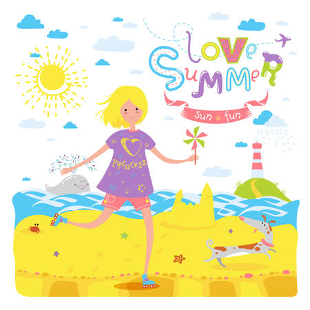 Cute seasonal banner with happy rollerskating teenage girl and dog. Summer beach, coast of the sea, sand, whale. Vector illustration for sticker, label, greeting card or other childish accessoriesのイラスト素材