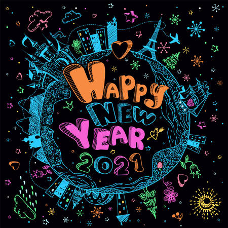 Multicolored hand drawn doodle Earth globe poster with castle, ship, cities, stars  on black background. Cute childish cartoon illustration. Merry Christmas vector greeting card. Happy New Year 2021のイラスト素材