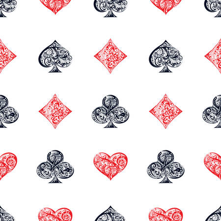 Vector seamless pattern with Playing Card suits symbols made by floral elements. Vintage  illustration in red, white and black colors for casino banner, poker background, gambling design, labelのイラスト素材
