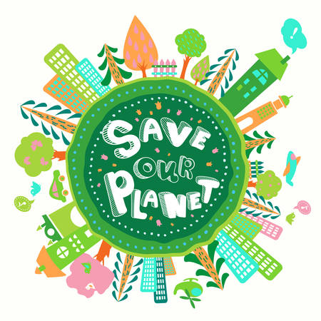 Cute doodle cartoon Globe image with trees, cities, flowers and lettering "Save our planet" in vector.  Earth Day concept. Motivational childish ecology banner, background, poster.のイラスト素材