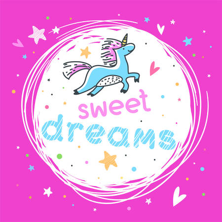 Childish poster with unicorn and hand drawn lettering "Sweet dreams". Greeting card, inspirational banner, apparel design, print, label. Positive quote. Cartoon doodle character. Background circle compositionのイラスト素材