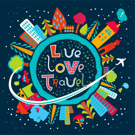 Cute cartoon Earth globe poster with hand-drawn cheerful text in vector. Tourism background. Flying airplane on the background of cities, trees and night sky. Live. Love. Travel.のイラスト素材