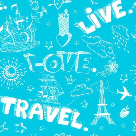Travel doodle seamless pattern with castle, ship, flowers. Tourism vector background. Hand drawn lettering "Live. Love. Travel." Cute illustration for wrapping paper, fabric design, apparel print, webのイラスト素材