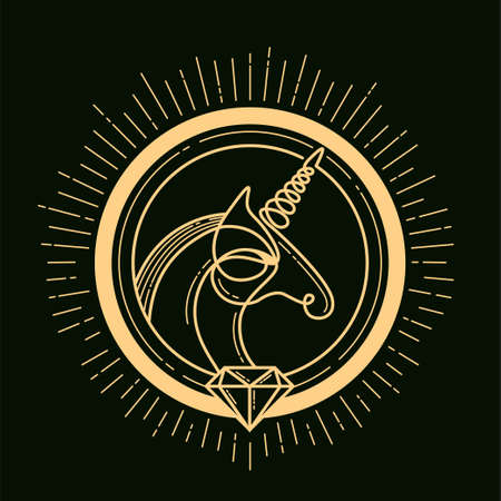 Luxury golden emblem or label design. Unicorn and diamond circle frame. Vintage vector illustrationのイラスト素材