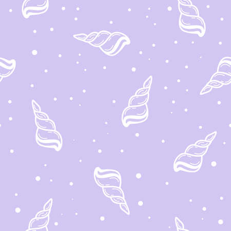 Summer seamless pattern with doodle seashell on purple background. Cute Vector illustration for wrapping paper, fabric design, apparel print, party invitations, banner. Pastel color backgroundのイラスト素材