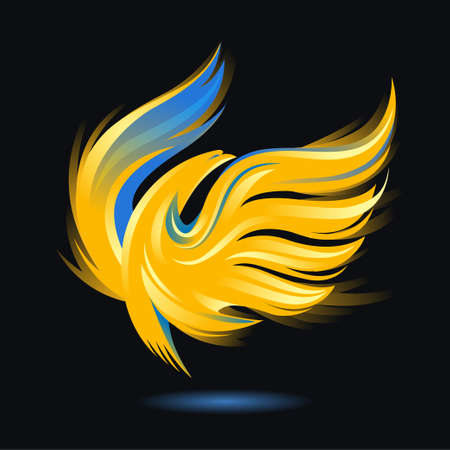 Stylized rising flying bird icon. Flame and fire. Phoenix or Eagle image. Vector illustration. Works well as a tattoo, emblem, print or mascot. Golden, blue, yellow and black colorsのイラスト素材