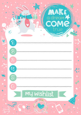 Stylish inspirational wish list card with cute bunny, gift, city, funny typography in vector. Lovely holiday background. Empty place for notes and wishes. Hand drawn lettering "Make a dream come true"のイラスト素材