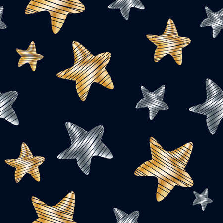 Bright Seamless pattern with golden and silver stars on black backdrop. Shining holiday background. Vector cute illustration for wrapping paper, fabric design, apparel print, web, fashionのイラスト素材