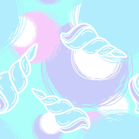 Seamless pattern with sea shell and scribble circles.  Summer vacation background. Vector banner, apparel design, fabric print. Doodle outline elements. Pastel colorsのイラスト素材