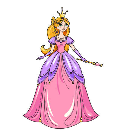 Princess standing in beautiful dress with magic wand. Charming fairy tale girl. Cartoon character colorful vector illustration. Book design element or apparel print. Black line and color fillのイラスト素材